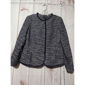 Talbots Women's 6 Petite Textured‎ Tweed Blue White Fringed Trim Career Blazer